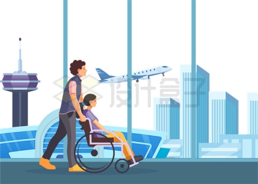 在机场残疾人坐着轮椅准备乘飞机插画2889114矢量图片免抠素材