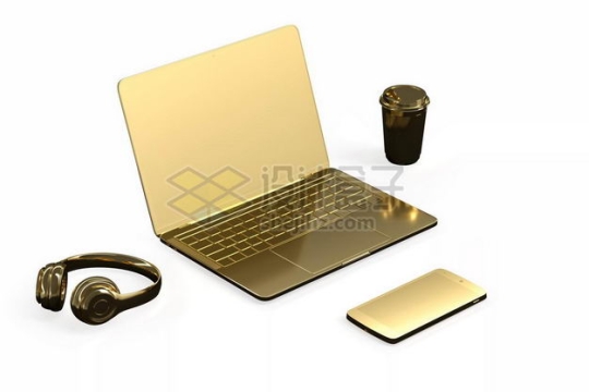 3D立体金色黄金笔记本电脑手机耳机和咖啡杯模型5097033图片免抠素材
