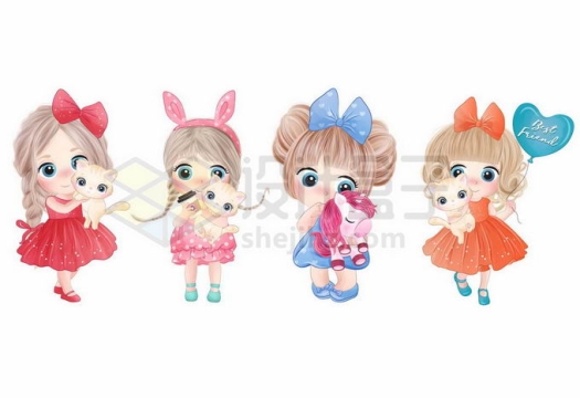 4款超可爱的卡通女孩漂亮小公主正在玩玩具1801909矢量图片免抠素材免费下载