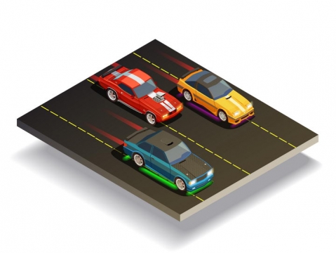 2.5D风格三辆正在不断加速的赛车汽车图片免抠素材