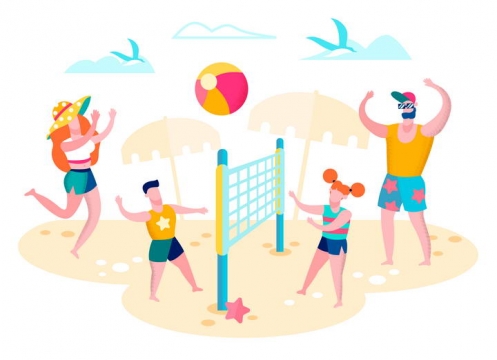 扁平插画风格正在举行沙滩排球的一家四口夏日旅游图片免抠素材