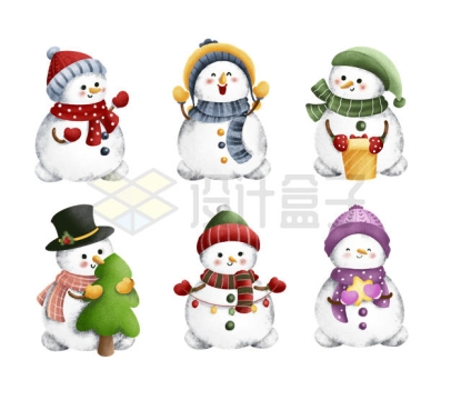6款卡通雪人圣诞节装饰水彩画插画4391781矢量图片免抠素材