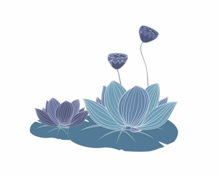 蓝紫色盛开的荷花莲花和荷叶莲叶手绘插画4118154AI矢量图片免抠素材