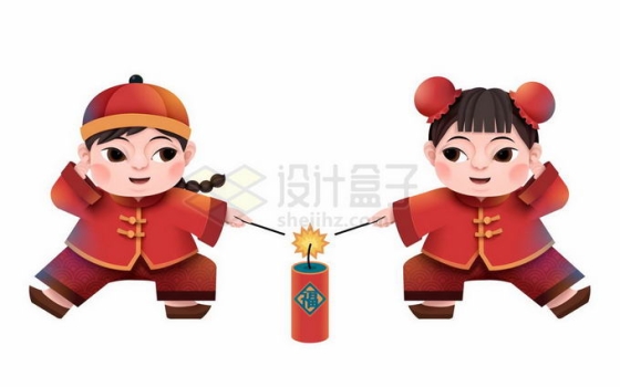 两个身穿传统服饰的卡通儿童正在放鞭炮新年春节元素4655609矢量图片免抠素材