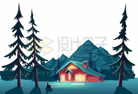 冬天森林中亮光的小房子卡通风景4576526矢量图片免抠素材