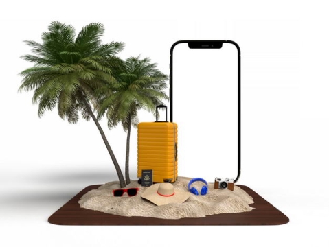 手机显示样机和旅行箱椰子树绿色观赏植物沙滩等热带旅游元素4720081免抠图片素材