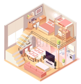 2.5D风格粉色loft公寓楼内部装修效果3012657矢量图片免抠素材