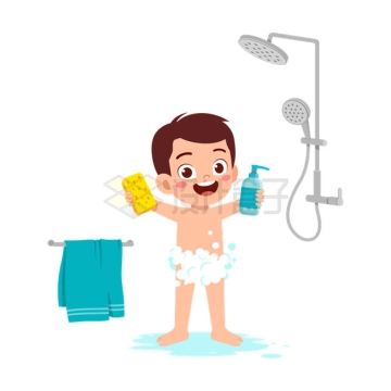 卡通小男孩使用淋浴洗澡打算用海绵搓搓背6213202矢量图片免抠素材