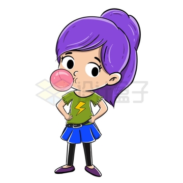 紫头发的卡通女孩吹泡泡口香糖3233400矢量图片免抠素材