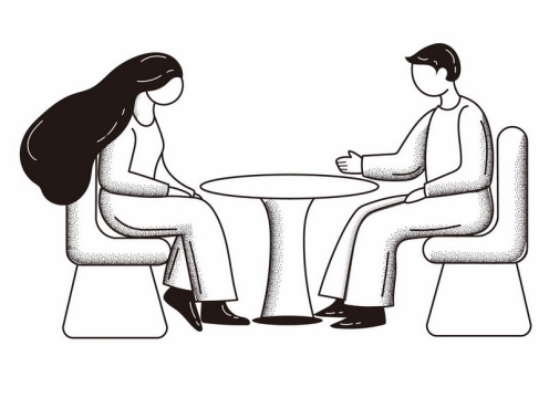 手绘黑白插画风格坐在圆桌前约会交流的男人女人4821256AI矢量图片免抠素材