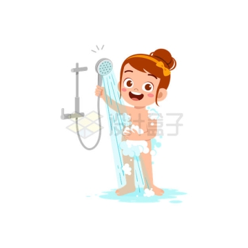 卡通小女孩拿着莲蓬头淋浴洗澡3362813矢量图片免抠素材