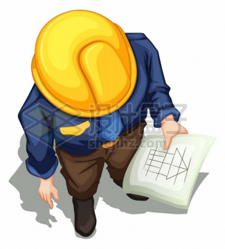 俯视视角戴着安全帽头盔的建筑工人在看图纸五一劳动节png图片免抠矢量素材