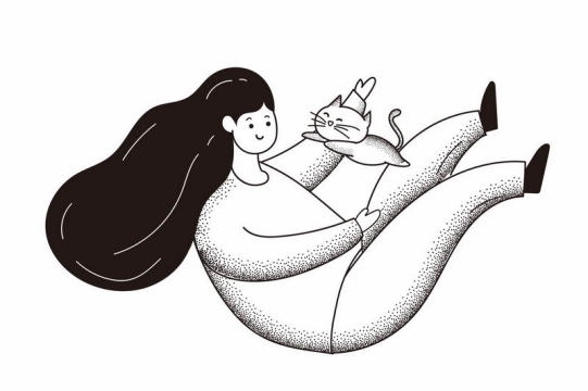 手绘黑白插画风格逗猫的女人2356471AI矢量图片免抠素材