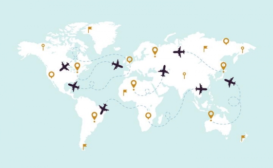 空白的世界地图和上面飞行的飞机轨迹旅游图片免抠矢量素材