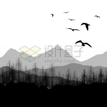 淡淡的远山和近处的森林以及天空中的飞鸟剪影5532034免抠图片素材