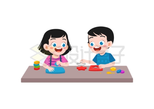 两个卡通小朋友正在玩拼图游戏6261057矢量图片免抠素材