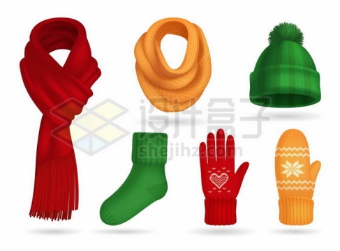 红色的围巾手套黄色围脖绿色帽子袜子等冬天衣物6971931矢量图片免抠素材