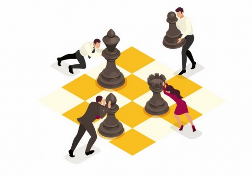 2.5D风格棋盘和正在推动国际象棋棋子的职场人士象征团队合作png图片免抠矢量素材