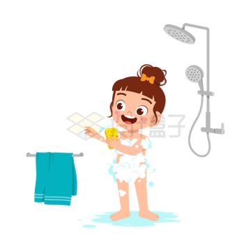 卡通小女孩用淋浴洗澡并拿着海绵搓擦身体1822311矢量图片免抠素材