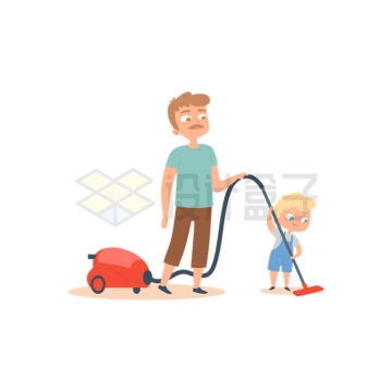卡通小朋友正在帮着爸爸用吸尘器打扫卫生扁平化风格4328791矢量图片免抠素材