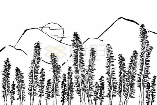 黑色手绘涂鸦风格大山和森林中国风插画8282080矢量图片免抠素材免费下载