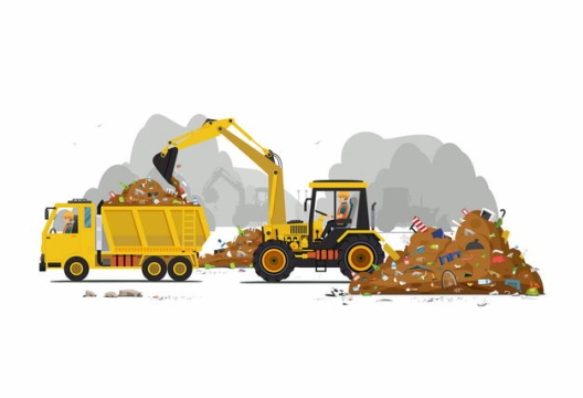黄色挖土机正在将垃圾铲到卡车上垃圾山处理9688243矢量图片免抠素材