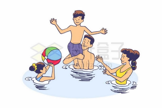 夏天暑假一家四口在水里玩耍6599414矢量图片免抠素材