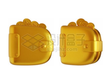2个角度黄金打造的装满金币硬币的卡通钱包钱夹子3D模型4694888PSD免抠图片素材