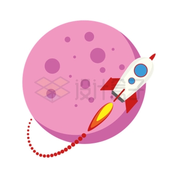 围绕粉红色外星球飞行的卡通火箭探索宇宙插画5895559矢量图片免抠素材