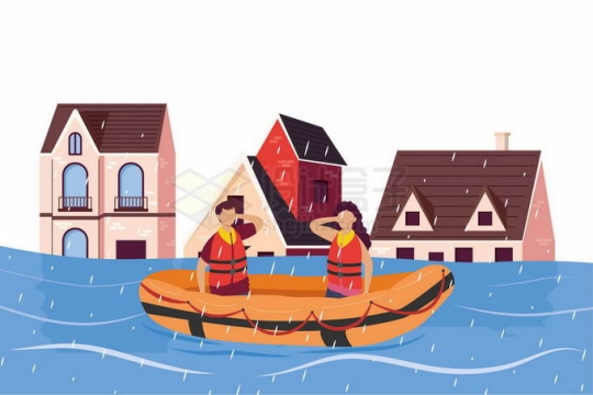 发大水洪水中开着救生艇救援民众的自愿者插画3414522矢量图片免抠素材