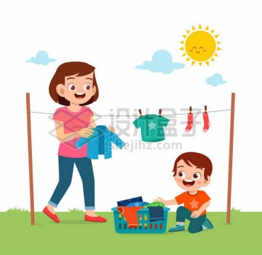卡通妈妈和小男孩在太阳底下的晾衣绳上晾晒衣服9321921矢量图片免抠素材