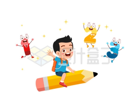 卡通小朋友坐在铅笔上和卡通数字一起飞行翱翔在知识海中8190339矢量图片免抠素材