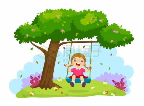 卡通小女孩在大树下玩荡秋千儿童节插画5042958矢量图片免抠素材