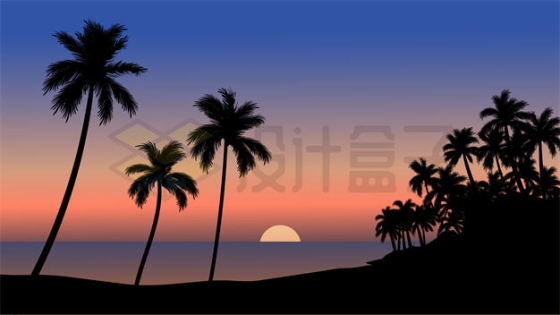 海边看到的椰树剪影和日出或日落风景插画5360254矢量图片免抠素材下载