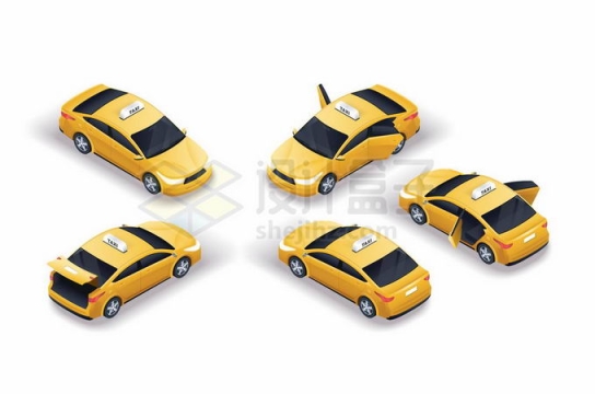 5种不同角度的黄色出租车小汽车6621829矢量图片免抠素材免费下载