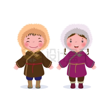 2个身穿传统服饰的可卡通蒙古族男孩女孩5227413矢量图片免抠素材