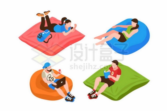 4个年轻人趴在躺在懒人沙发上玩游戏看书6782532矢量图片免抠素材