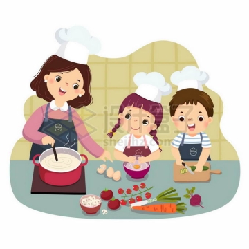 两个卡通小朋友跟着妈妈学做饭帮忙做家务儿童节插画6555788矢量图片免抠素材