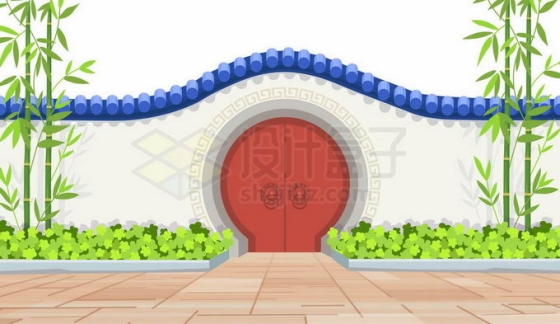 中国庭院园林风格拱形门月洞门和院墙花圃竹子4317474矢量图片免抠素材