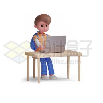 卡通学生坐在桌子前玩笔记本电脑3D人物模型1877607PSD免抠图片素材
