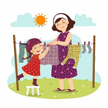 卡通小女孩帮着妈妈晾衣服帮忙做家务儿童节插画3368451矢量图片免抠素材