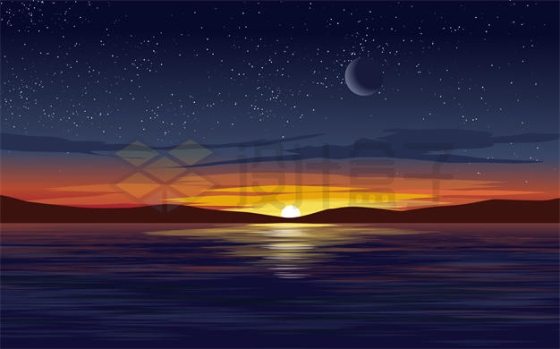 海边看到的日出或日落时分地平线上的太阳风景插画5968555矢量图片免抠素材下载