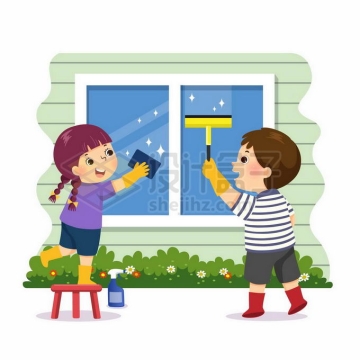 两个卡通小朋友正在擦窗户帮忙做家务儿童节插画6440841矢量图片免抠素材