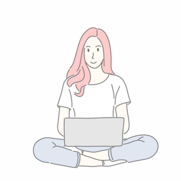 女孩盘腿坐着使用笔记本电脑手绘插画9129555矢量图片免抠素材