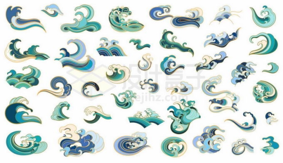 各种各样的中国风绿色蓝色海水巨浪海浪图案9758549矢量图片免抠素材