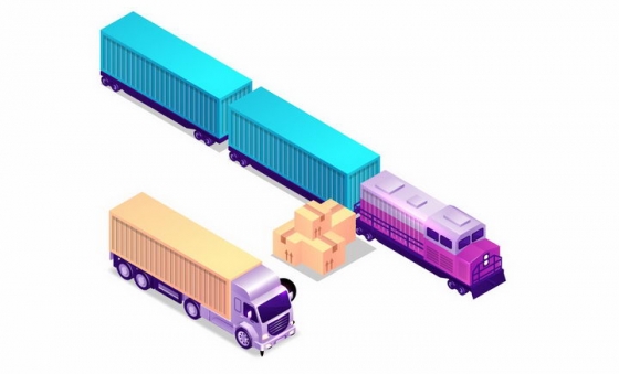 2.5D风格拉着集装箱的货运火车和货车png图片免抠矢量素材