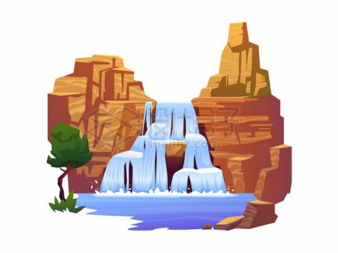 漫画风格红色山间的瀑布和水池风景3296154矢量图片免抠素材免费下载