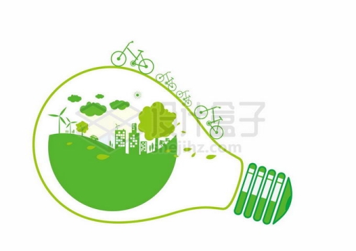 绿色电灯泡中的清洁能源型城市新能源环保主题插画1054374矢量图片免抠素材