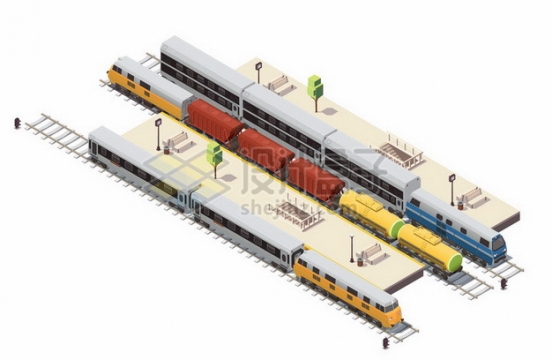 3D风格货运客运火车列车和铁路车站设施159400png图片素材