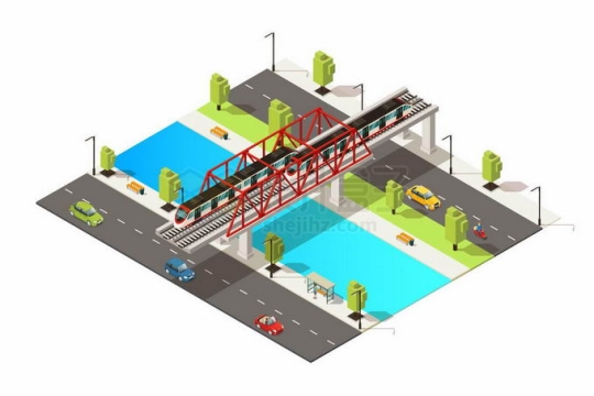 2.5D风格高铁地铁列车正在通过河流上的一座大桥7756314矢量图片免抠素材